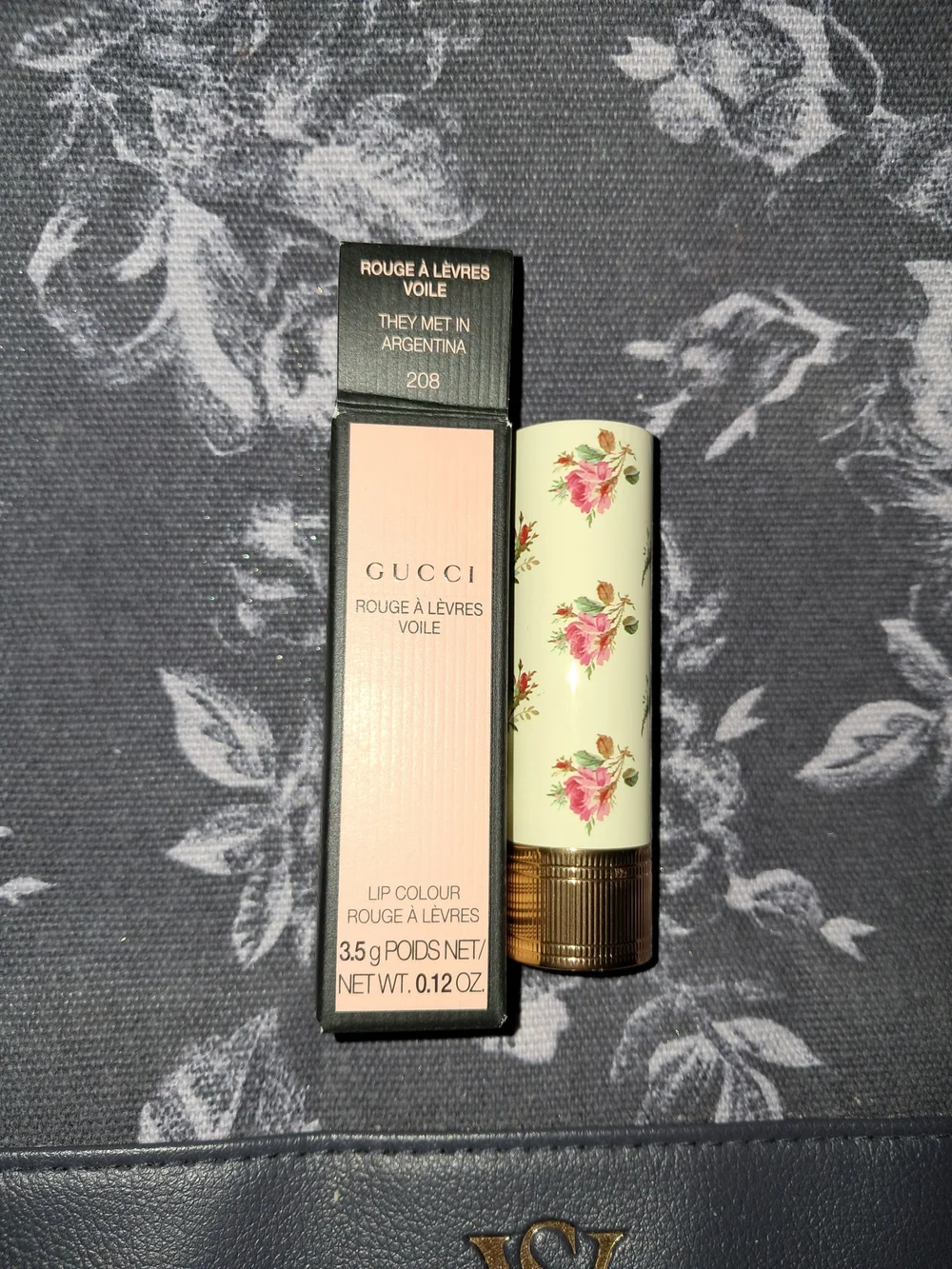 Gucci Cream Floral Lipstick Tube with Pink Floral Detail